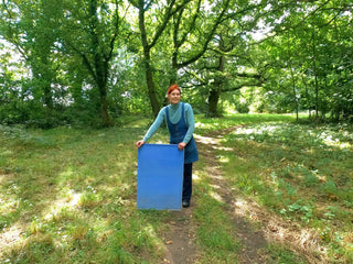 In the woods with a canvas painted in milk paint with blue indigo