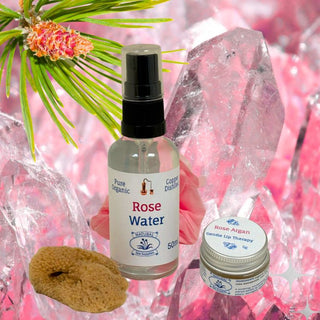 Luxury Lips Eco Gift Set: Rose Argan Lip Balm, Rose Water Cleanser Plus Sponges