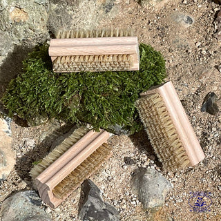 three soft nail brushes with moss on stone wall