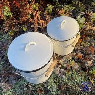 white enamel storage bins from above