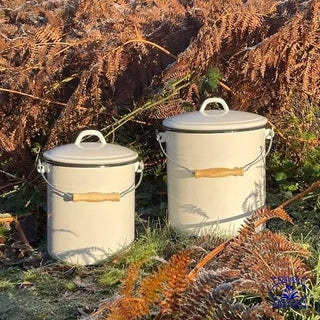 5 and 10 litre white enamel compost bins with bracken