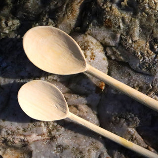 natural spa supplies orange wood teaspoon and tiny spoon on wet bolder